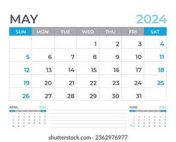 May 2024 page, Calendar 2024 template, Desk calendar 2024 year, planner design, Wall calendar, week starts on sunday, stationery design, Desk office, organizer office, vector eps10