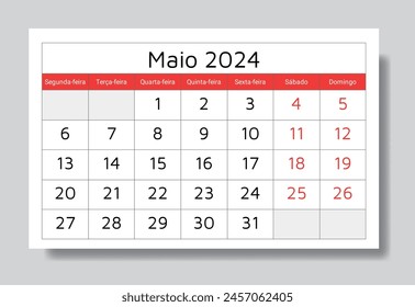 Mayo 2024 calendario portugués (Maio). Ilustración vectorial. Planificación mensual para su negocio en Portugal