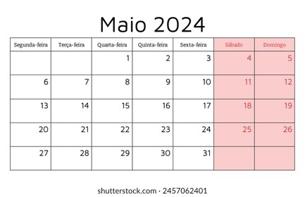 Calendario portugués mayo 2024. Ilustración vectorial. Planificación mensual para su negocio en Portugal
