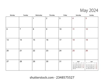 May 2024 simple calendar planner, week starts from Monday. Vector calendar planner.
