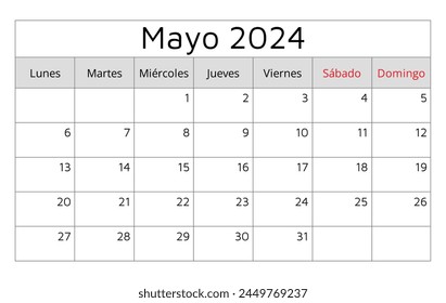 Mayo 2024 calendario ESPAÑOL (mayo). Ilustración vectorial. Planificación mensual para tu negocio en España
