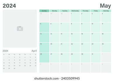 May 2024 table calendar or desk planner with space for your picture, vector design, weeks start on Sunday