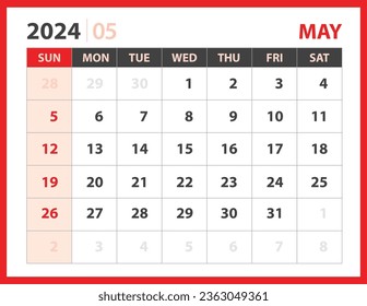 May 2024 template, Calendar 2024 design vector, planner layout, Week starts Sunday, Desk calendar 2024 template, Stationery. Wall calendar on red background, vector eps 10