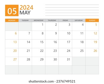 May 2024 template, Calendar planner 2024, week start on Monday, Desk calendar 2024 year, simple planner and clean design, Wall calendar design, Corporate planner template, print media vector
