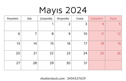 Mayo 2024 calendario TURCO (Mayis). Ilustración vectorial. Planificación mensual para su negocio en Turquía
