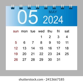 May 2024. Vector monthly calendar template 2024 year in simple style for template design. Week starts from Sunday.