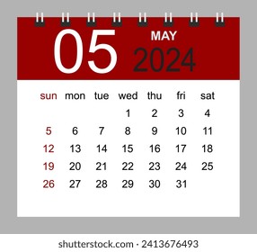 May 2024. Vector monthly calendar template 2024 year in simple style for template design. Week starts from Sunday.