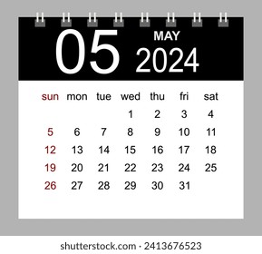 Mai 2024. Vektor Monatskalender Vorlage 2024 Jahr in einfachem Stil für das Template-Design. Die Woche beginnt am Sonntag.