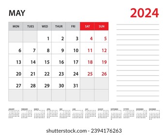 Mayo de 2024 año - Calendario 2024 vector de plantilla, semana de inicio en lunes, calendario de escritorio 2024 año, diseño de calendario de pared, plantilla de planificación empresarial, Stationery, diario de organizadores, vector