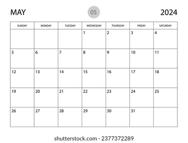 May 2024 year planner template, calendar 2024 template, monthly and yearly planners. organizer diary. week start Sunday, corporate planner template, Desk calendar 2024 year, Vector illustration