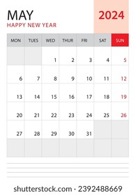 May 2024-Calendar 2024 template vector on red background, week start on monday, Desk calendar 2024 year, Wall calendar design, corporate planner template, Stationery, organizer diary, vector