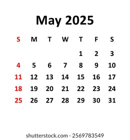 may 2025. Calendar with holydays or red dates. monthly calendar design with week starts on sunday. printable, simple, and clean vector design isolated on white background.