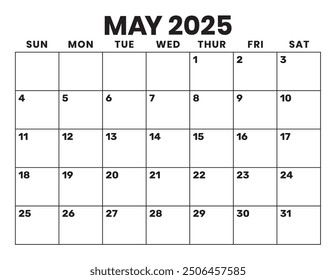 May 2025 Calendar. Large Bold Letter and Numbers. Week starts on Sunday. Blank Calendar Template. Fits Letter Size Page. Stationery Design.