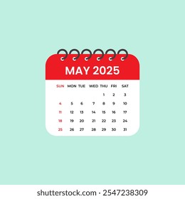 May 2025 Calendar Leaf. Calendar 2025 in flat style vector stock illustration.