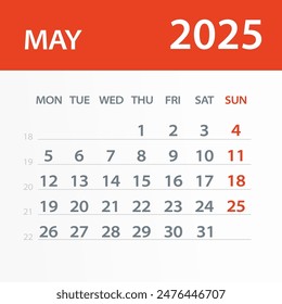 Hoja de calendario de mayo de 2025 - Illustración libre de derechos. página de gráfico de Vector