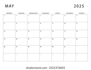 Kalender Mai 2025. Vorlage für monatlichen Planer. Montag starten. Vektordesign