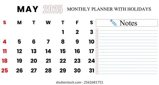 May 2025 Calendar, Monthly Planner With Holidays Vector Illustration.	