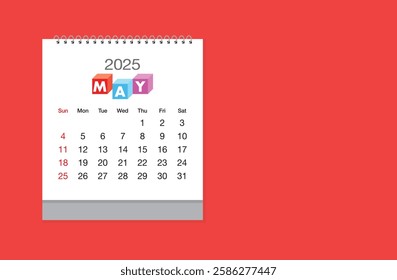 May 2025 Calendar on red color background. Date month of May 2025. Page of annual monthly calendar May 2025.