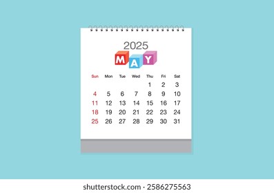 May 2025 Calendar on sky blue background. Date month of May 2025. Page of annual monthly calendar May 2025.