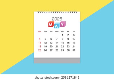 May 2025 Calendar on yellow and sky blue background. Date month of May 2025. Page of annual monthly calendar May 2025.
