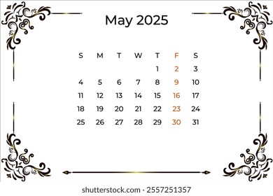 May 2025 calendar page with push pin on red color background.