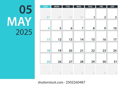 Mai 2025 Kalender-Planer - Vektor. Vorlagenmodell nach oben