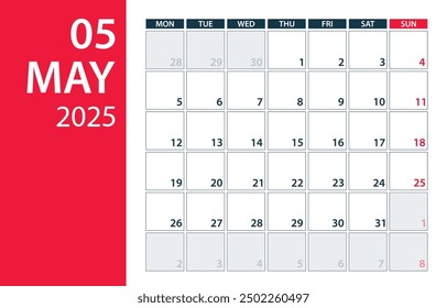 May 2025 Calendar Planner - Vector. Template Mock up