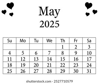 May 2025 calendar printable. 2025 calendar month of may. May 2025 calendar template. Week starts on Sunday. Monthly calendar