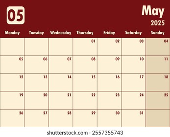 May 2025 calendar.  A simple monthly planner vector design