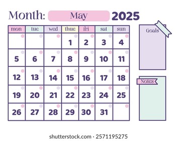 May 2025 Calendar template with goals and note card added, soft color pink soft, blue soft and navy outline. cute for teenagers and the general public