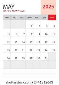 May 2025, Calendar 2025 template vector on red background, week start on monday, Desk calendar 2025 year, Wall calendar design, corporate planner template, Stationery, organizer diary, vector