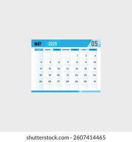 May 2025 Calendar, 2025 calendar template vector, planner monthly design, Desk calendar 2025, Wall calendar design, Minimal style, poster, printing media, blue background vector concept 