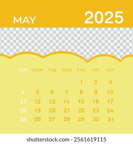 The May 2025 Calendar is a vibrant, vector-based design reflecting seasonal colors. It features an editable placeholder for adding company profile banners, making it perfect for professional use.