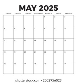 May 2025 Calendar. Week starts on Sunday. Blank Calendar Template. Fits Square Size Page. Stationery Design.