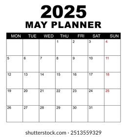 May 2025 Calendar. Week starts on Monday. Blank Calendar Template. Fits Letter Size Page. Stationery Design. Simple set calendar 2025. Monthly calendar template. Planner for 2025 year.