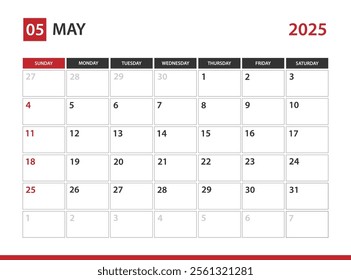 May 2025 Calendar , Week starts on Sunday 