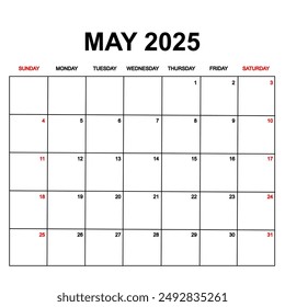 may 2025 with holydays or red dates. monthly calendar design with week starts on sunday. printable, simple, and clean vector design isolated on white background.