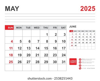 May 2025 layout, Calendar 2025 template, Printable minimalist monthly planner, Desk Calendar 2025 template, Wall calendar design, Week Start On Sunday, Stationery, printing, red color, vector
