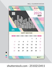 May 2025 layout, Wall calendar 2025 template pastel creative backgrounds, Desk calendar 2025 design, poster, planner, Calendar date, Week starts on Sunday, Stationery, vertical page, vector