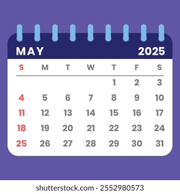 Maio 2025 calendário estilo carta com uma semana começando no domingo. Ideal para gerenciamento de tempo, planejamento e programação. Conceito de design plano com um layout mensal destacável. Ilustração vetorial.