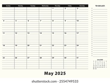 May 2025 Monthly Business Desk Pad Calendar. May 2025 calendar planner with to-do list and place for notes in black and white design.