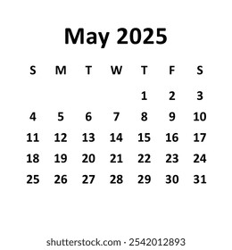 May 2025. monthly calendar design. week starts on Sunday. printable, editable, and clean vector design isolated on white background.