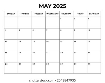 Mayo 2025 Diseño de calendario mensual con notas y la semana comienza desde el domingo