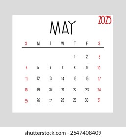 Mayo 2025 Semana mensual de diseño del calendario comienza desde el domingo