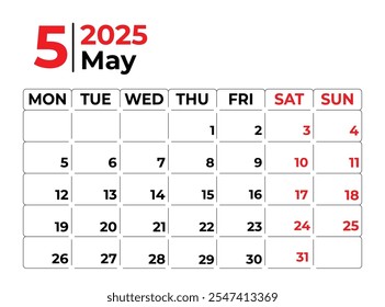 Mayo 2025 Semana mensual de diseño del calendario comienza desde el domingo