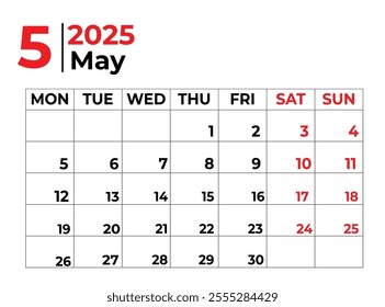 May 2025 Monthly Calendar design with clean look and week starts from sunday