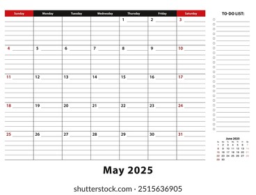 May 2025 Monthly Desk Pad Calendar week starts from sunday, size A3. May 2025 calendar planner with to-do list and place for notes.