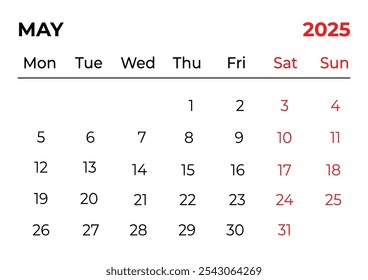 mayo de 2025 Diseño mensual del calendario de oficina con un aspecto limpio y la semana comienza a partir del domingo