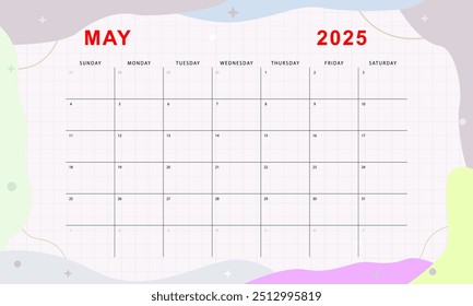 May 2025 monthly planner. Cute calendar template. Sunday start. Vector design