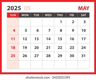 May 2025 template, Calendar 2025 design vector, planner layout, Week starts Sunday, Desk calendar 2025 template, Stationery. Wall calendar on red background, vector eps 10